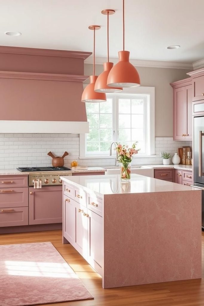 Warm pink kitchen with floating shelves