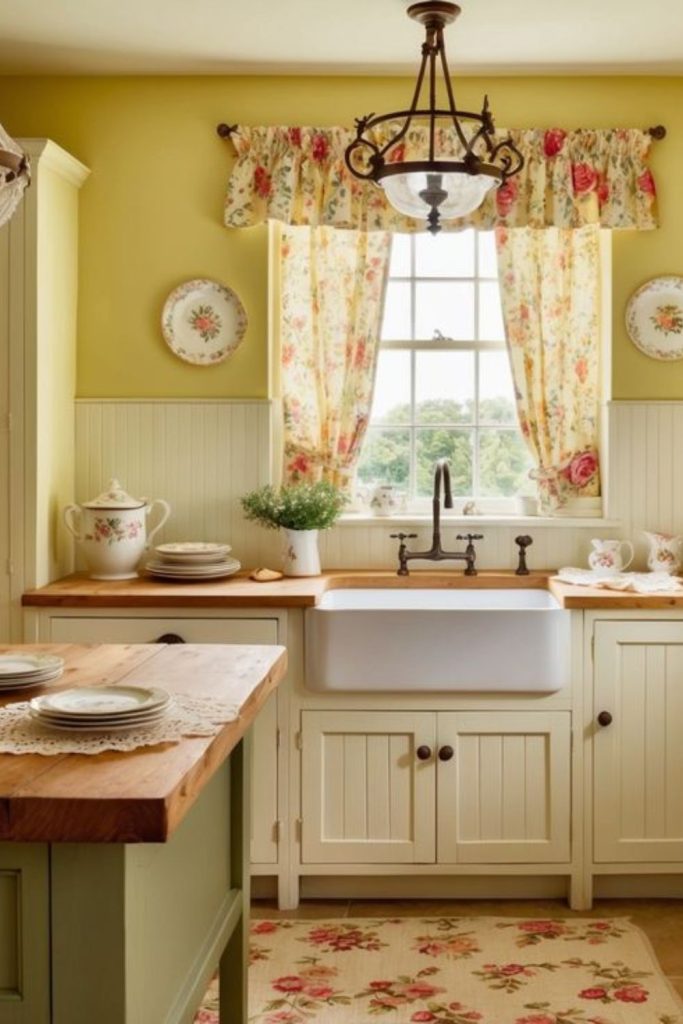 Butter-hued cabinets with sunlight patterns