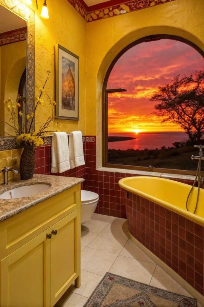Sunflower-accented bright sunlit bathroom
