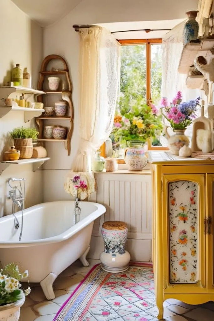 Sunlit rustic bathroom with wildflowers