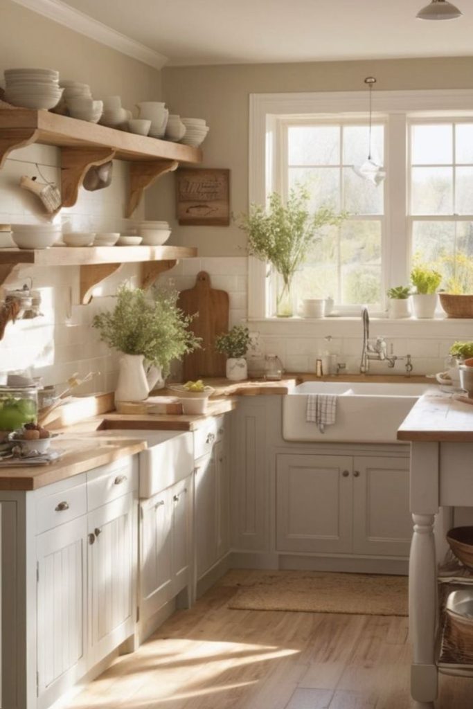 Rustic oak kitchen glowing with sunlight