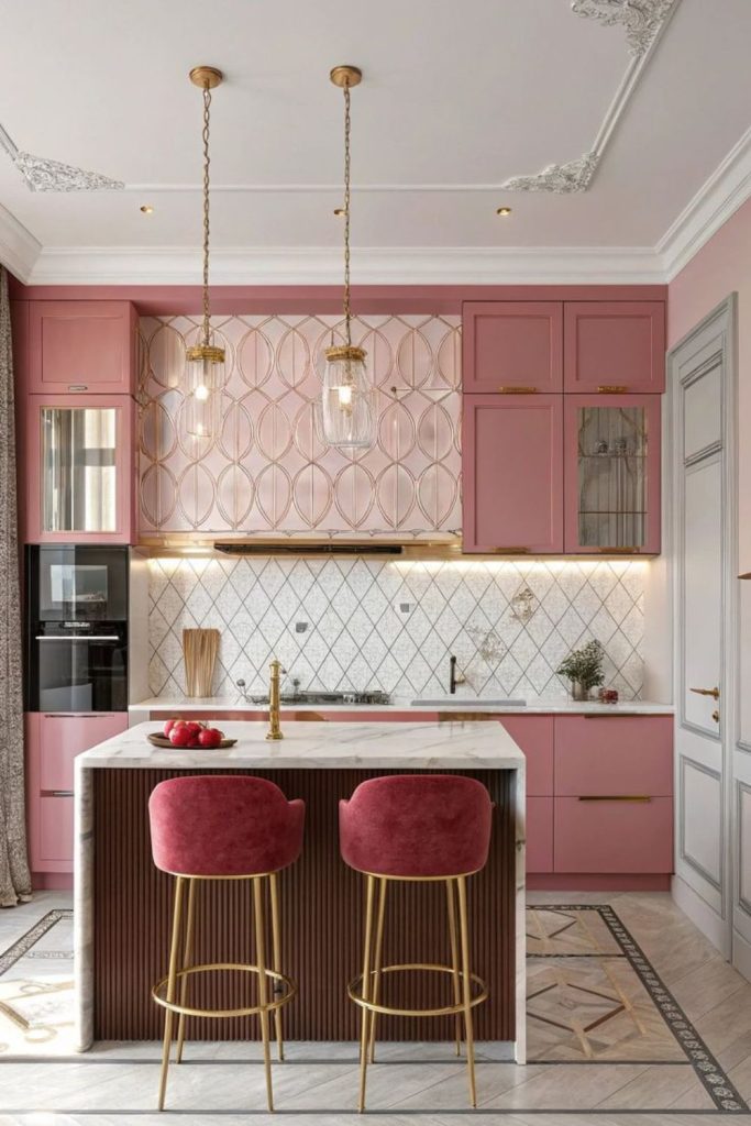 Soft peony pink kitchen cabinets