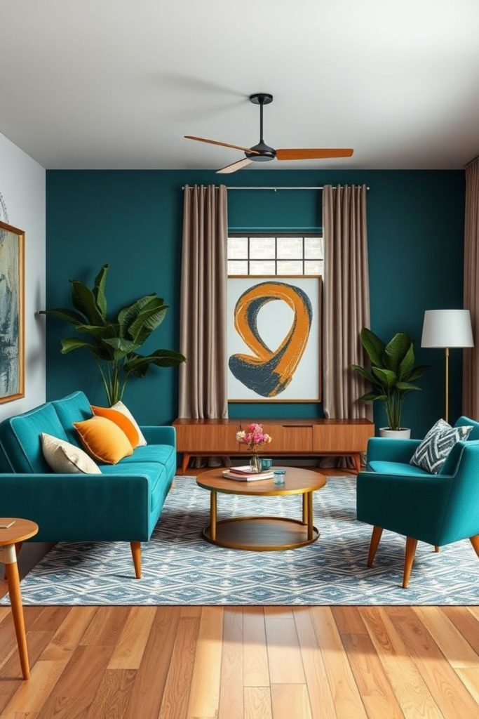 Teal luxury midcentury modern living room