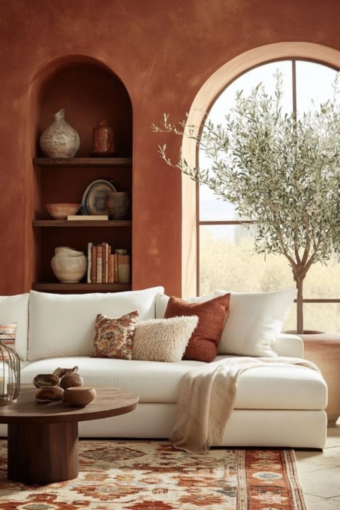 Earthy terracotta lounge with natural textures