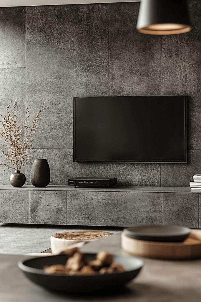 Rough concrete TV wall minimalist setup.