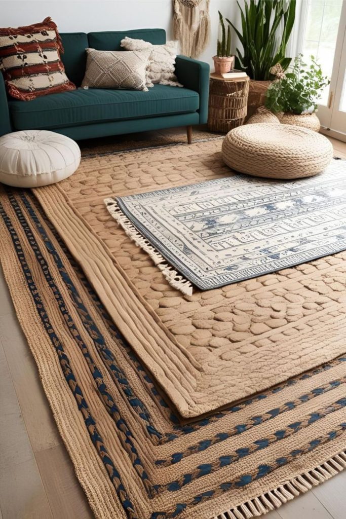 Layered rugs and soft tactile furniture.