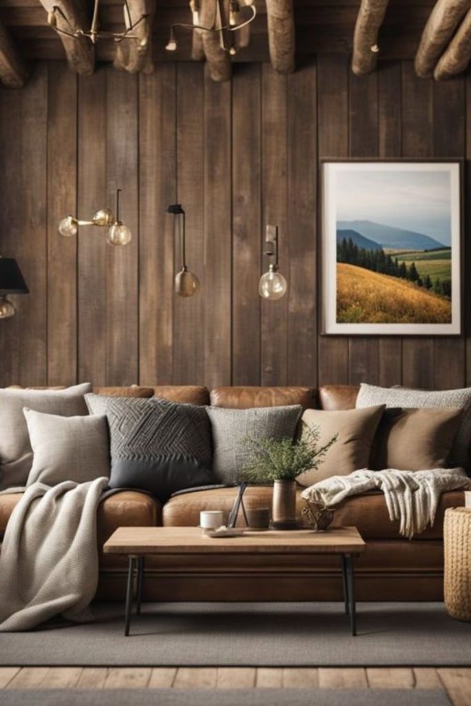 Log-style living room with earthy tones