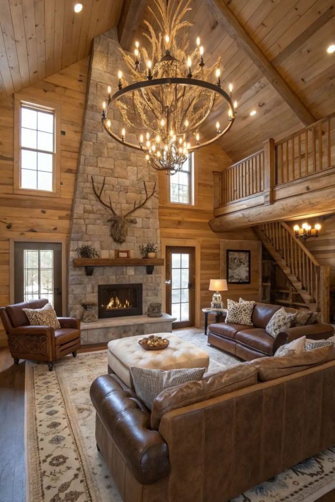 Timber walls ambient rustic living room.