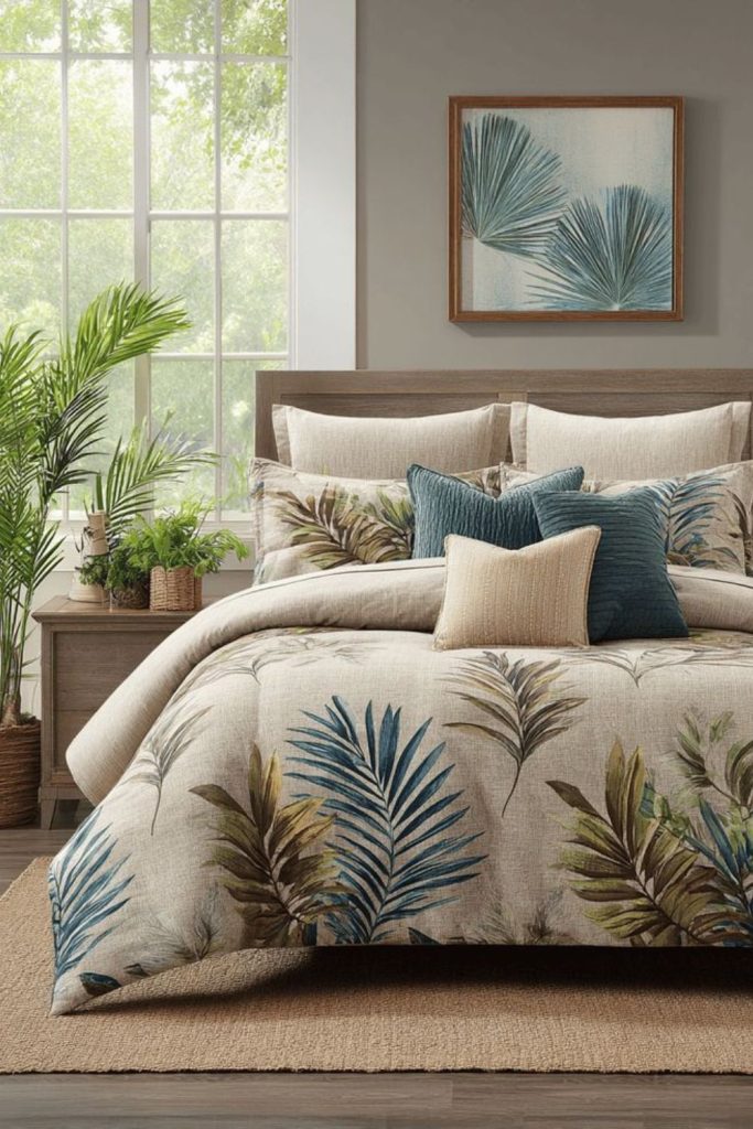 Tropical bedding with palm leaf patterns