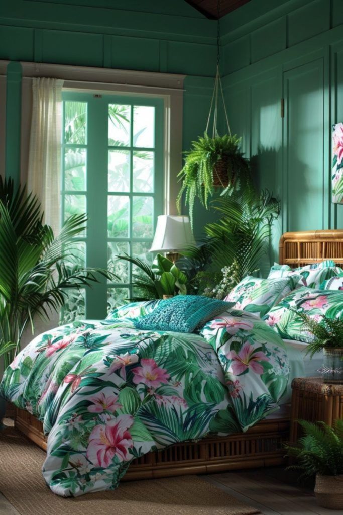Teal tropical nighttime inspired bedding