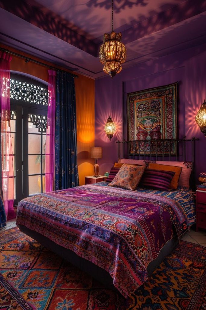 Dusky orange purple glows pillows lanterns floorboards