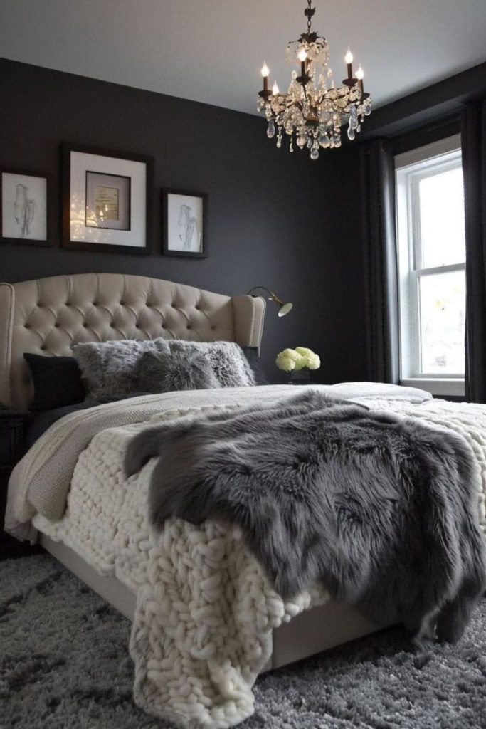 Charcoal gray bedroom with candlelit warmth