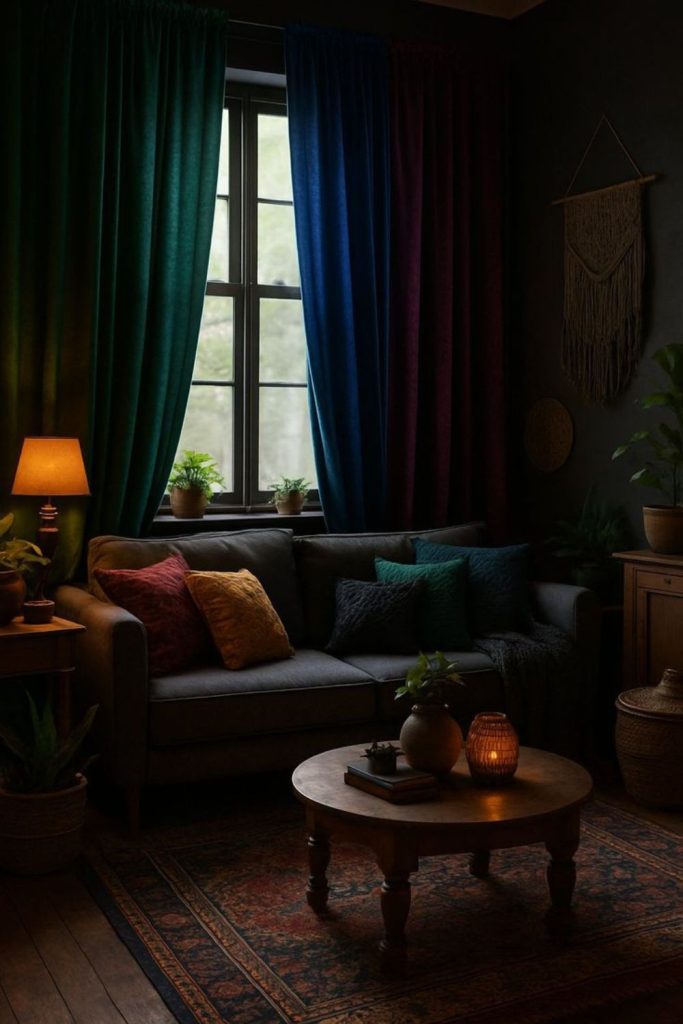 Velvet drapes warm moody room