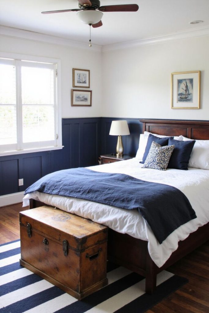 Deep twilight calming farmhouse bedroom
