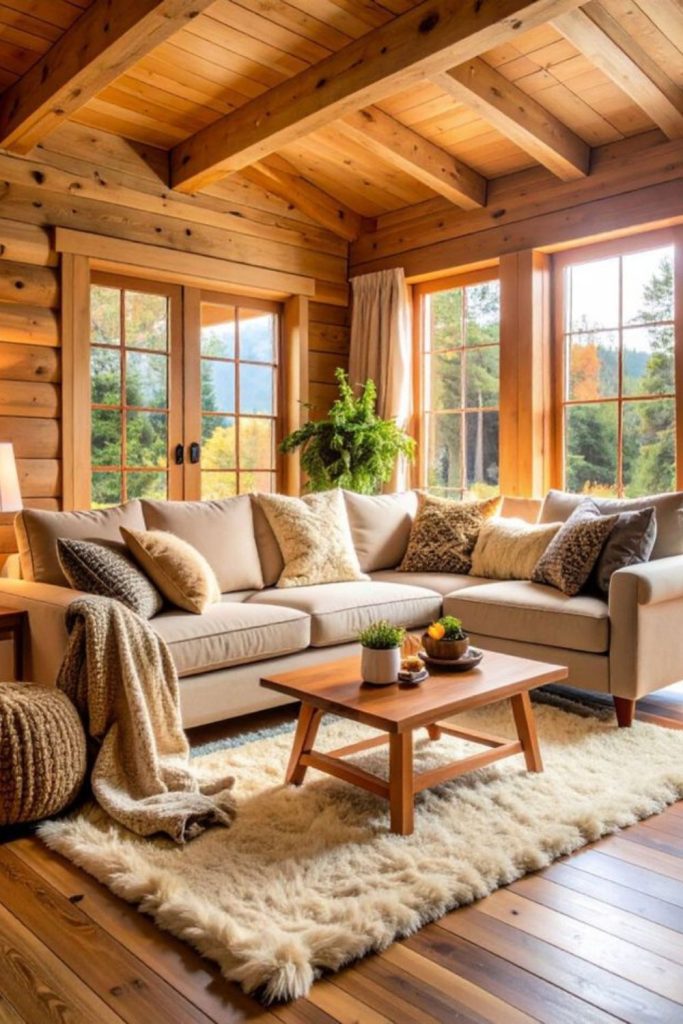 Twisted timber beams warm cozy interior.