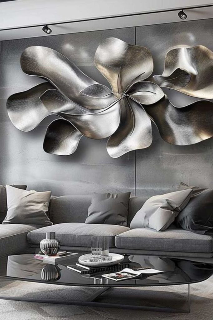 Jagged metal sculpture casting dramatic reflections indoors