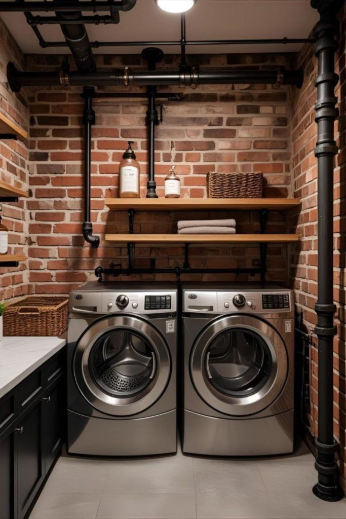 Exposed brick industrial racks fluorescent lighting