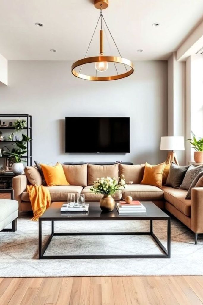 Industrial rectangle space with metal accents.