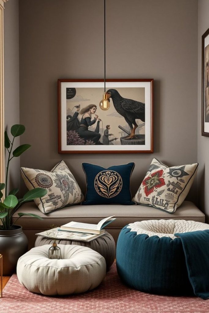 Velvet pillows cozy retro reading nook