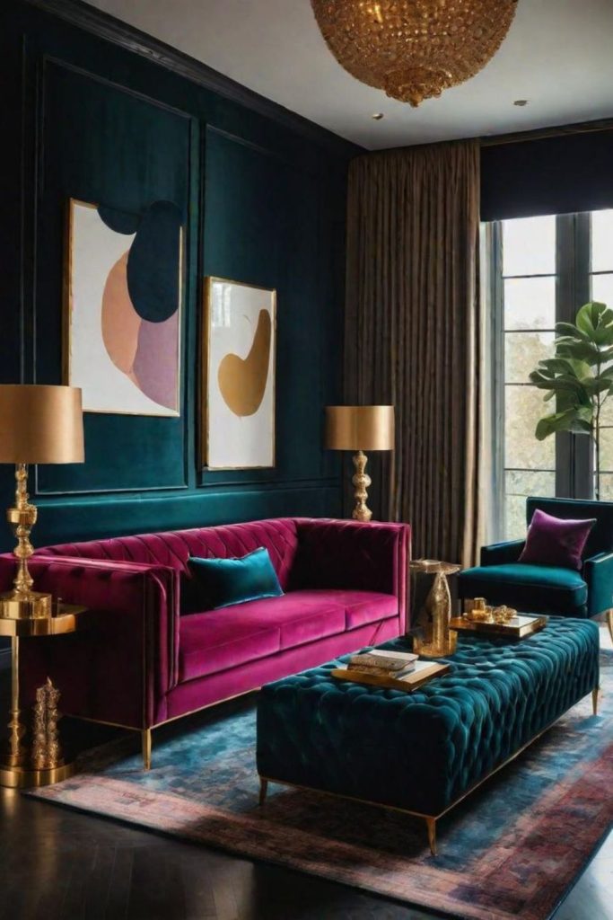 Jewel-toned velvet seating with scattered light.
