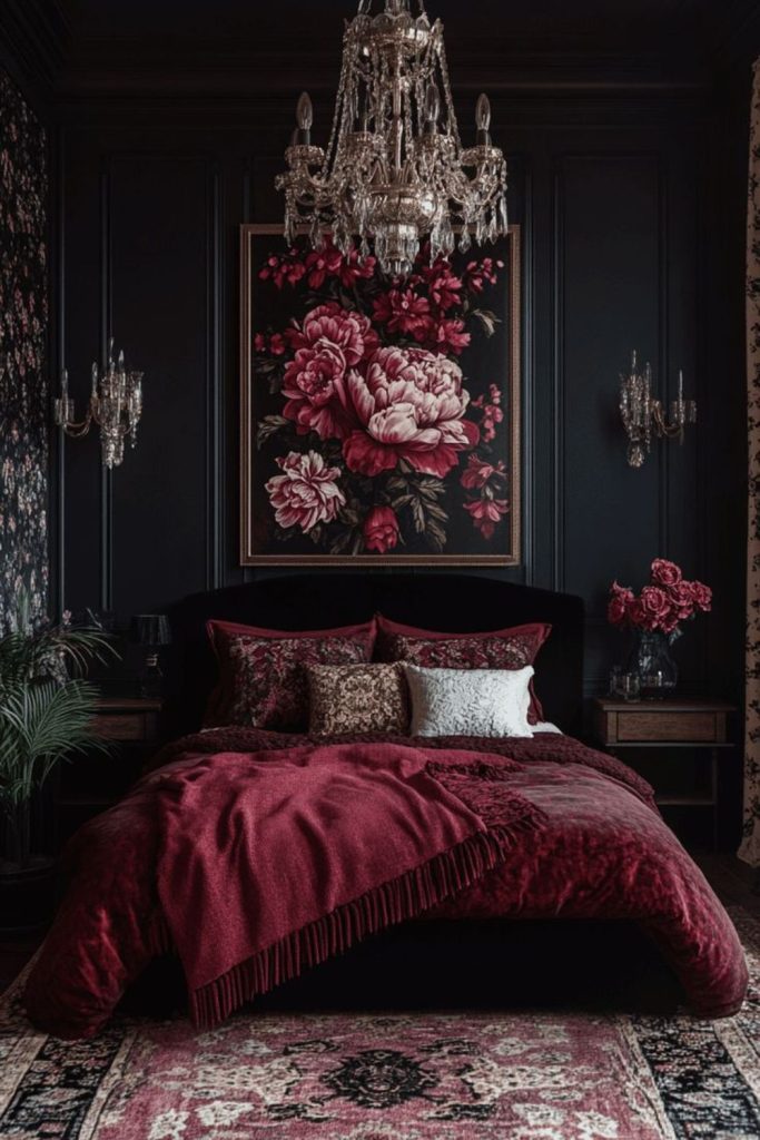 Charcoal and aubergine moody bedroom