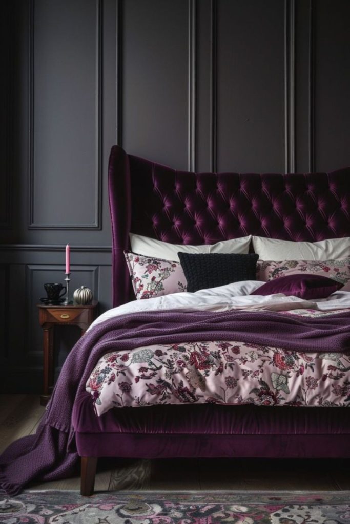 Plum-toned bedroom with velvet textures