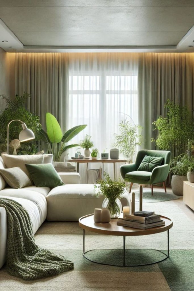 Green foliage-filled lounge with soft lanterns