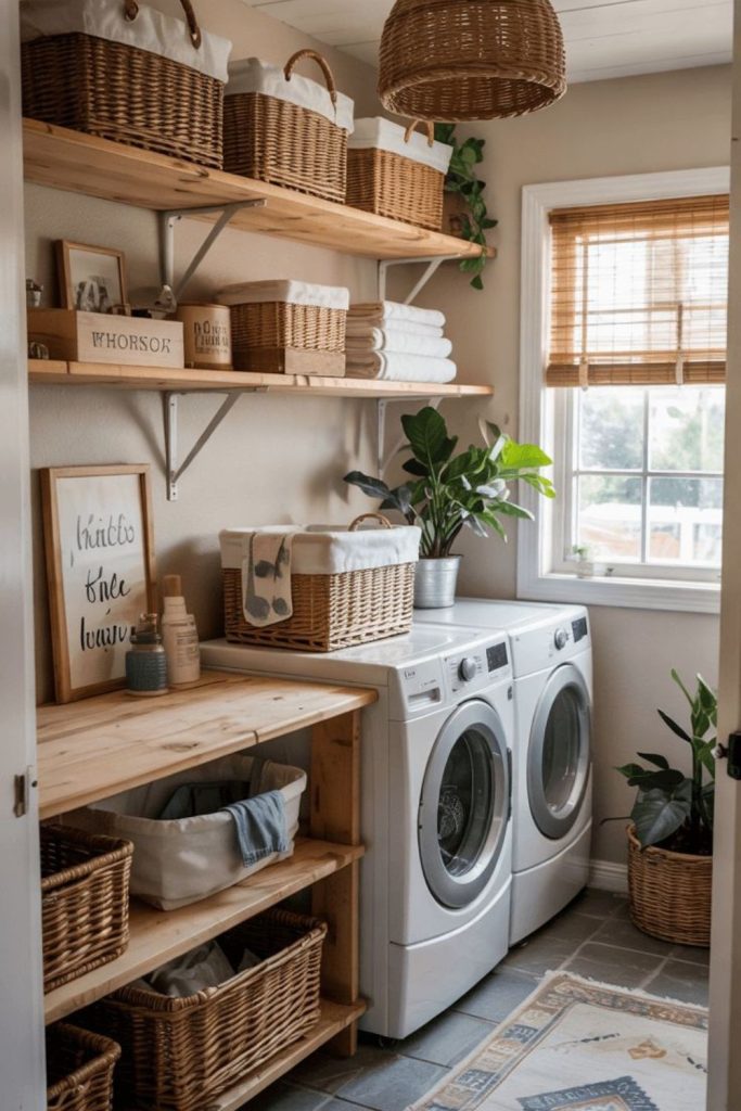 Vertical shelves stacked baskets sunlight peek