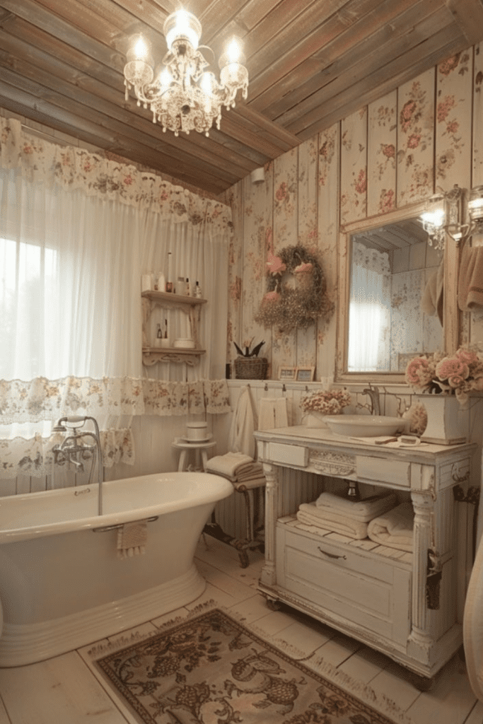 Antique lace bathroom with pastel tiles