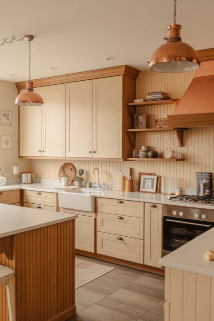 Iron lanterns over oak counters