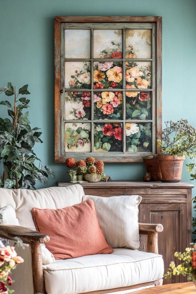 Antique window panes creating layered display