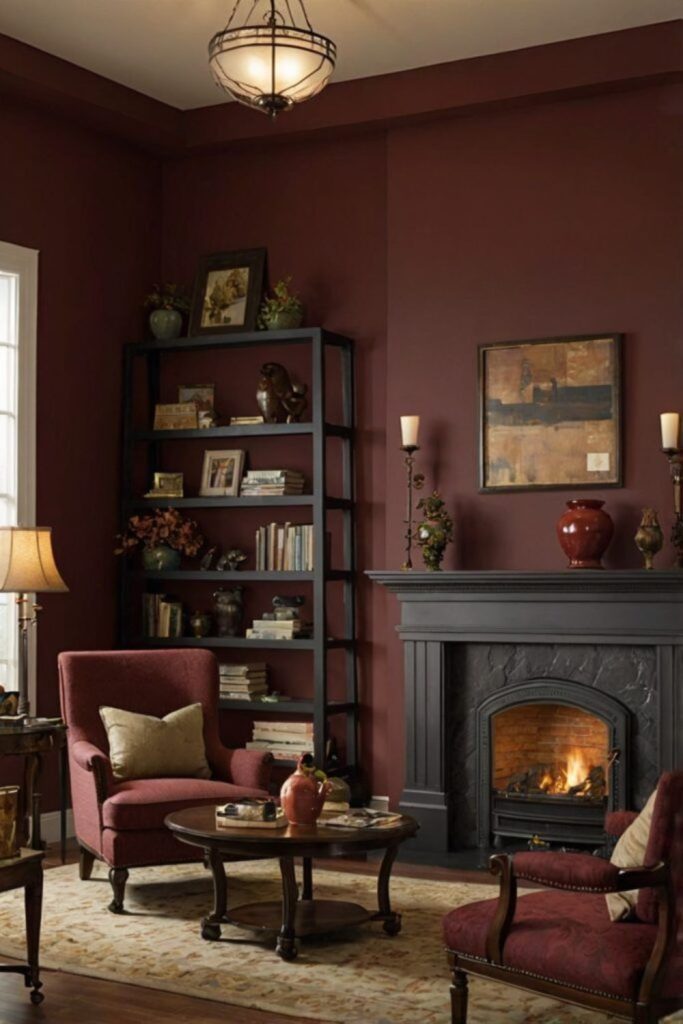 Warm burgundy nook with hearth energy.