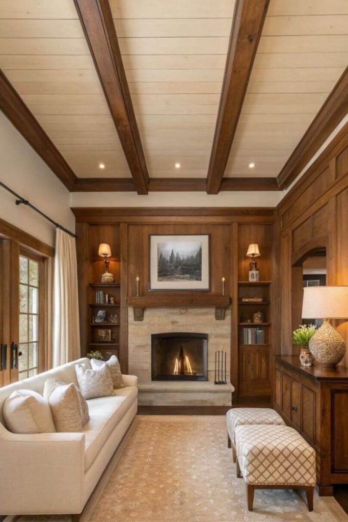 Wood-accented elongated cozy living room.