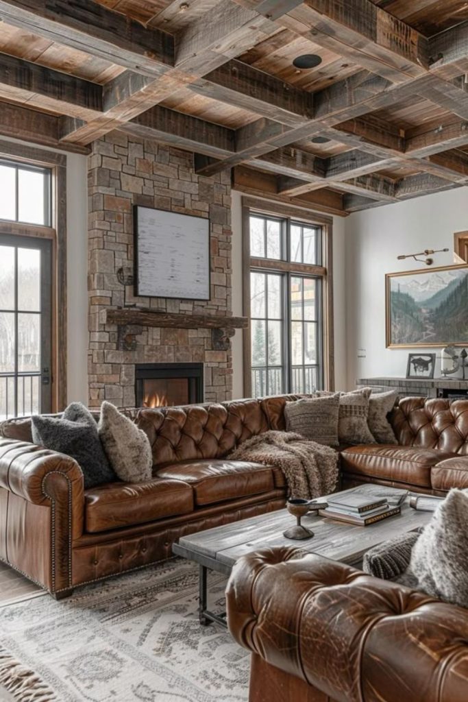 Rustic fireplace room cozy seating space.