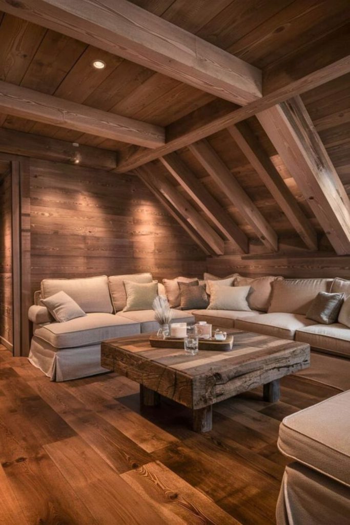 Sunlit rustic timber living room charm.