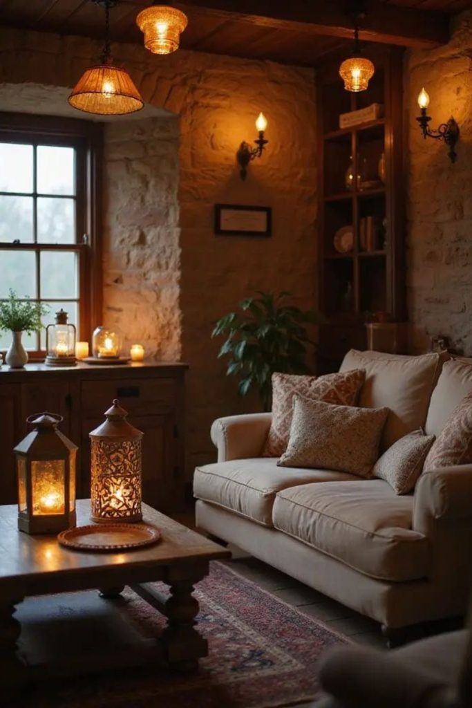 Weathered rustic living room with stone fireplace