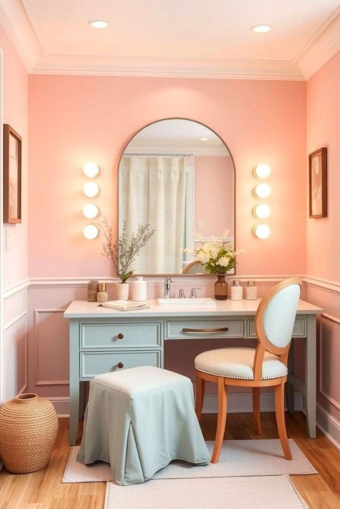 Pastel whimsical vanity with figurines
