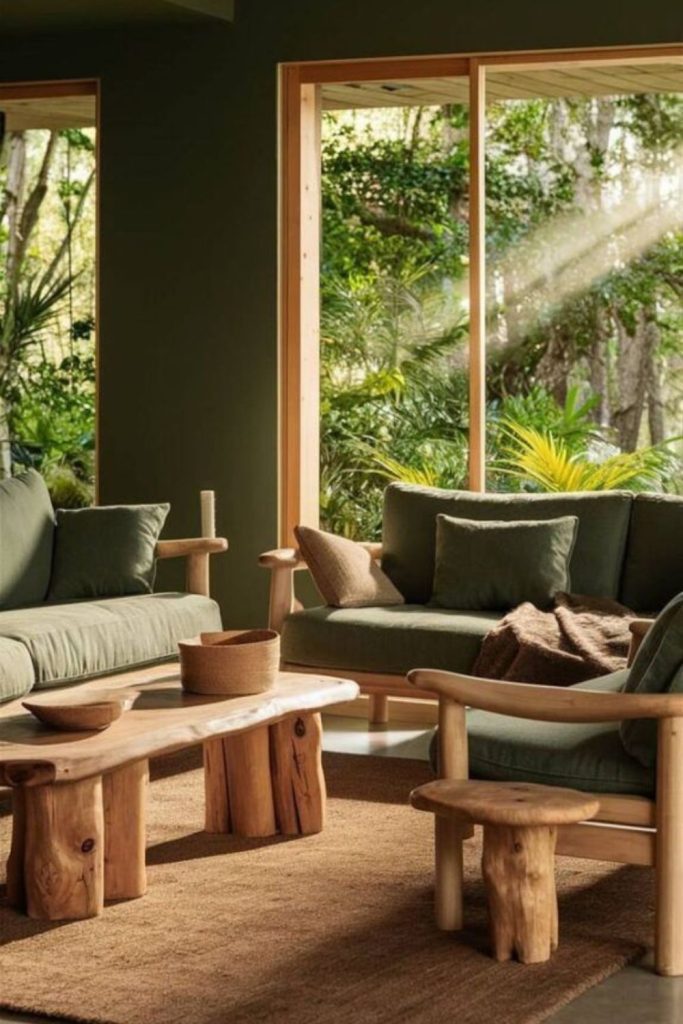 Forest-inspired calm lounge with greenery
