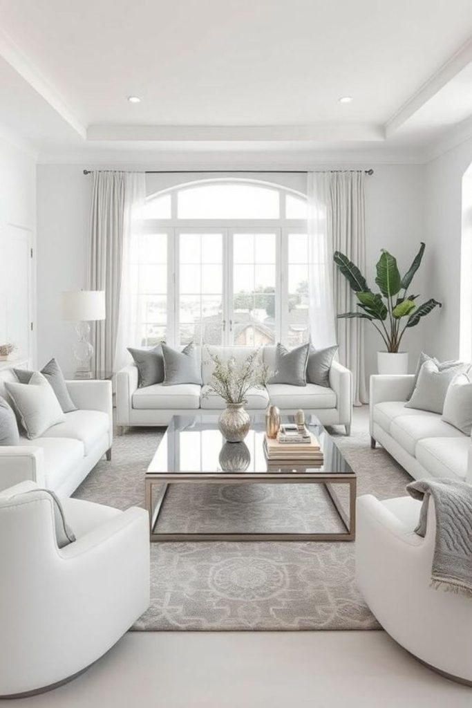 All-white bright elongated living room.