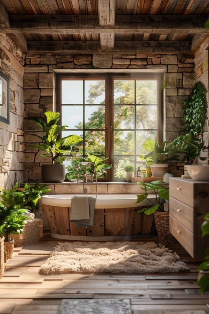 Wicker baskets in rustic bathroom