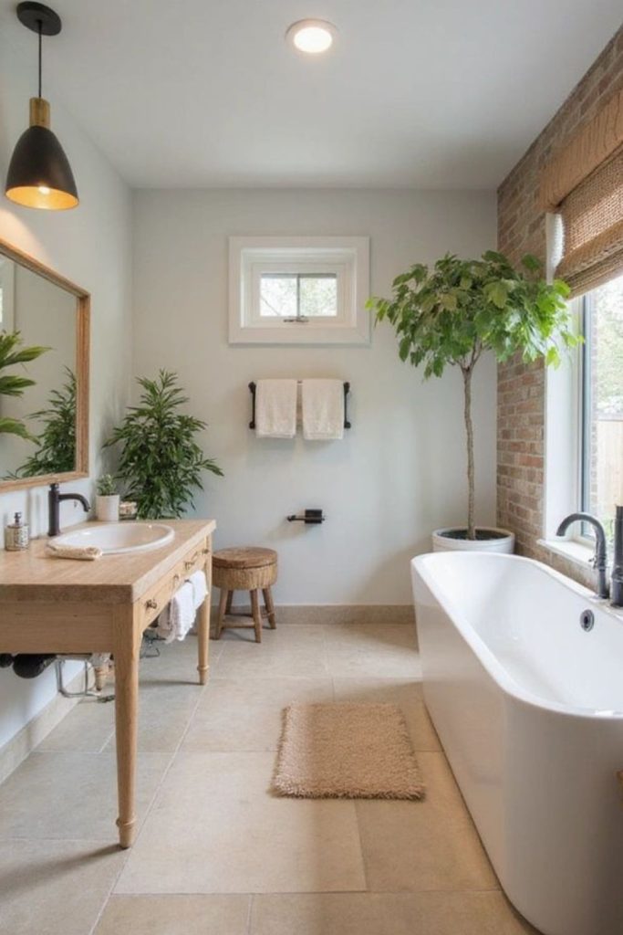 Fern-filled natural light bathroom