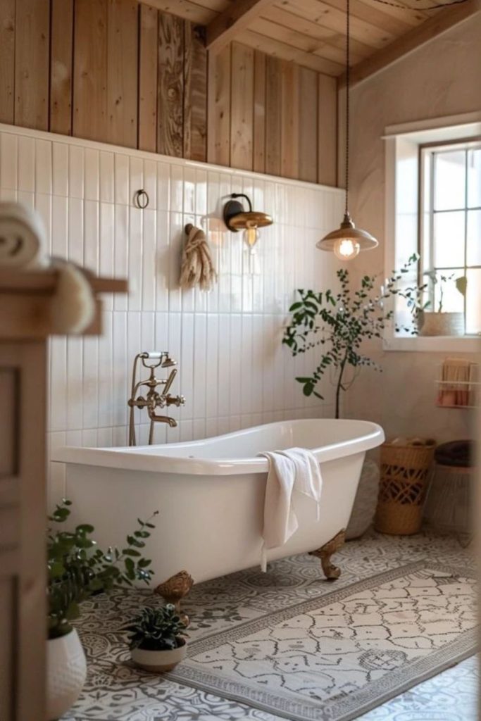 Herb-filled rustic wooden bathroom
