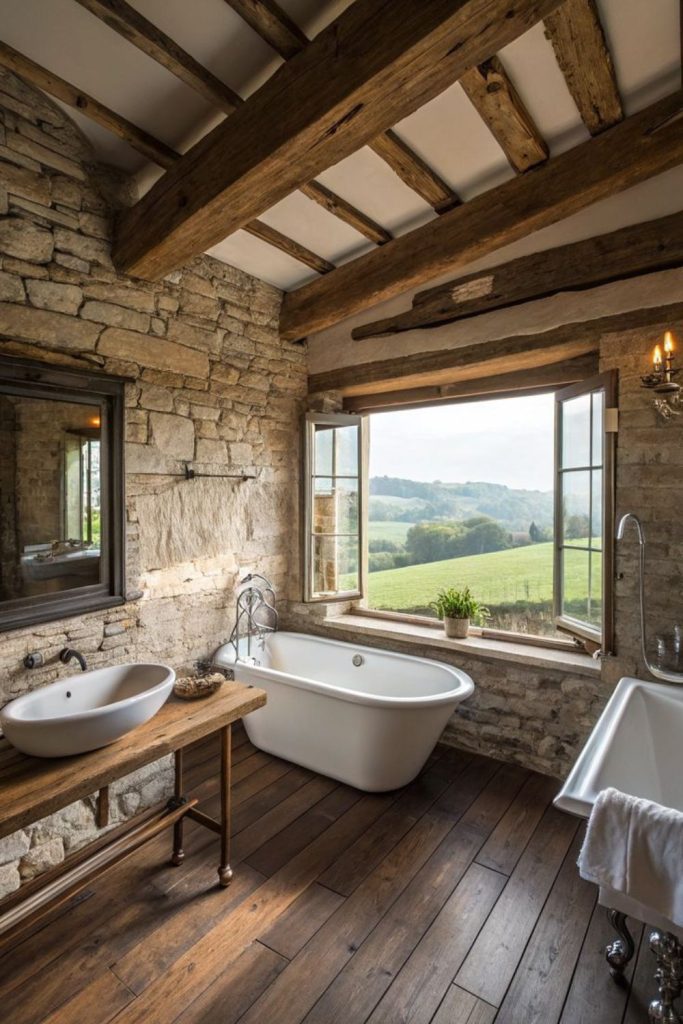 Thistle-decorated rustic soak bathroom