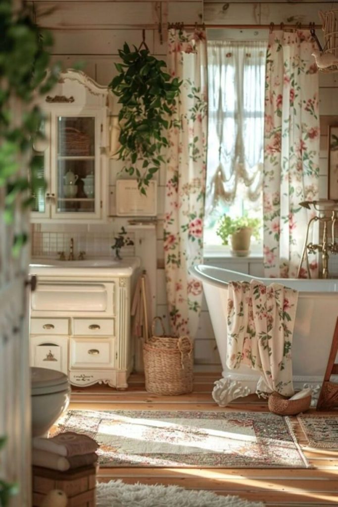 Wildflowers spilling across sunlit bathroom