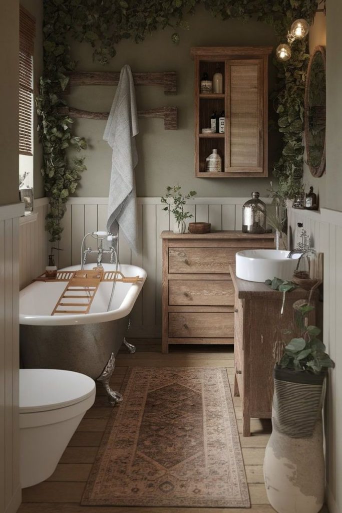 Willow-accented misty forest-inspired bathroom