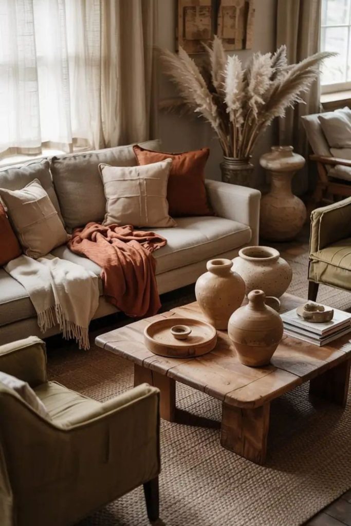 Earthy clay toned winter interior
