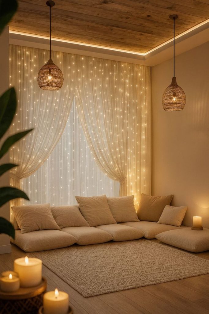 Fiber-optic strands creating luminous web effect