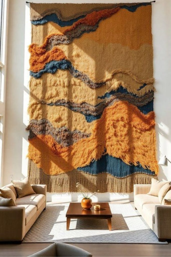 Hanging thread tapestry casting intricate shadows