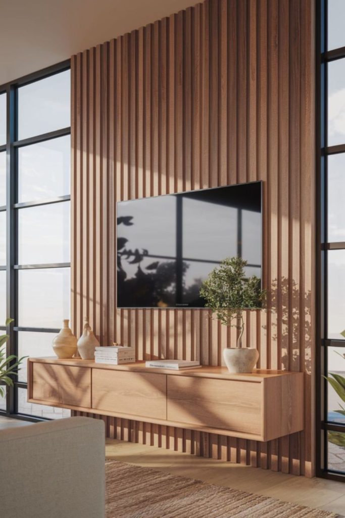 Bamboo panels TV calming natural decor.