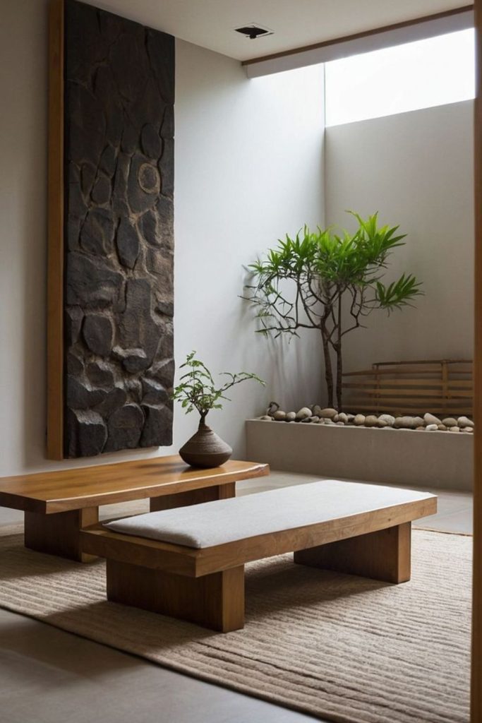 Tranquil rectangular living room with bamboo.
